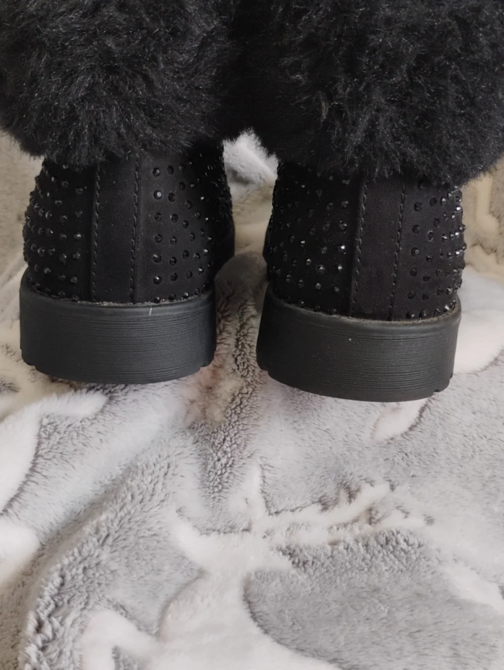 Justice Black Faux-Fur Lace-Up Winter Boots With Studded Accents 8